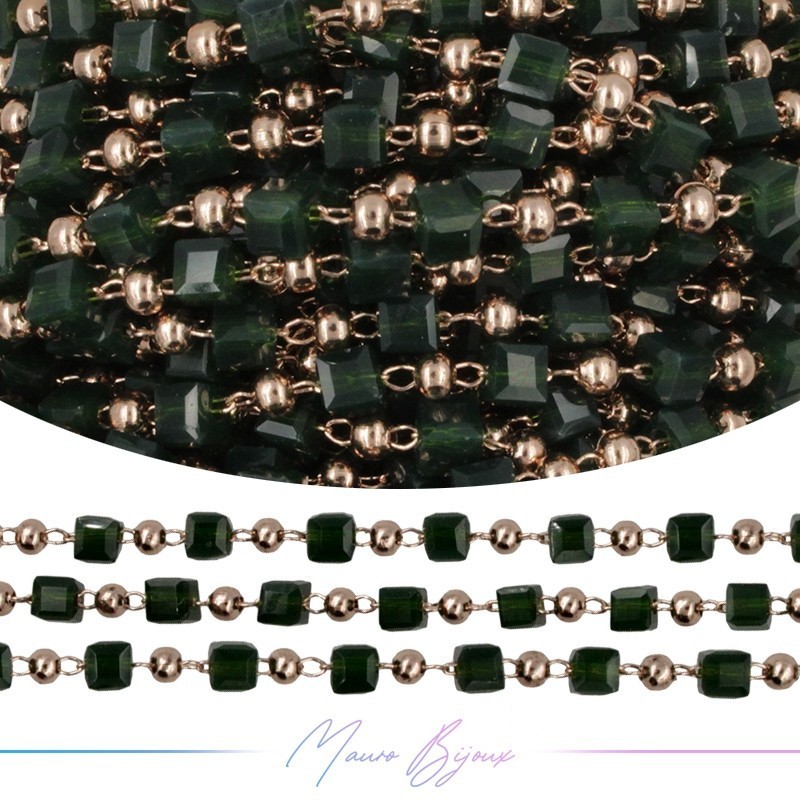 Catena in Acciaio Oro Rosa Cristalli di Vetro Quadrato Verde 1mt