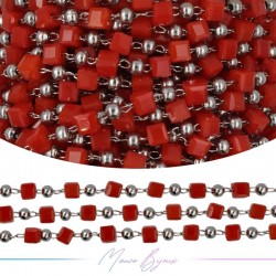 Chain in Inox Silver with Glass Crystals Square Red 1mt