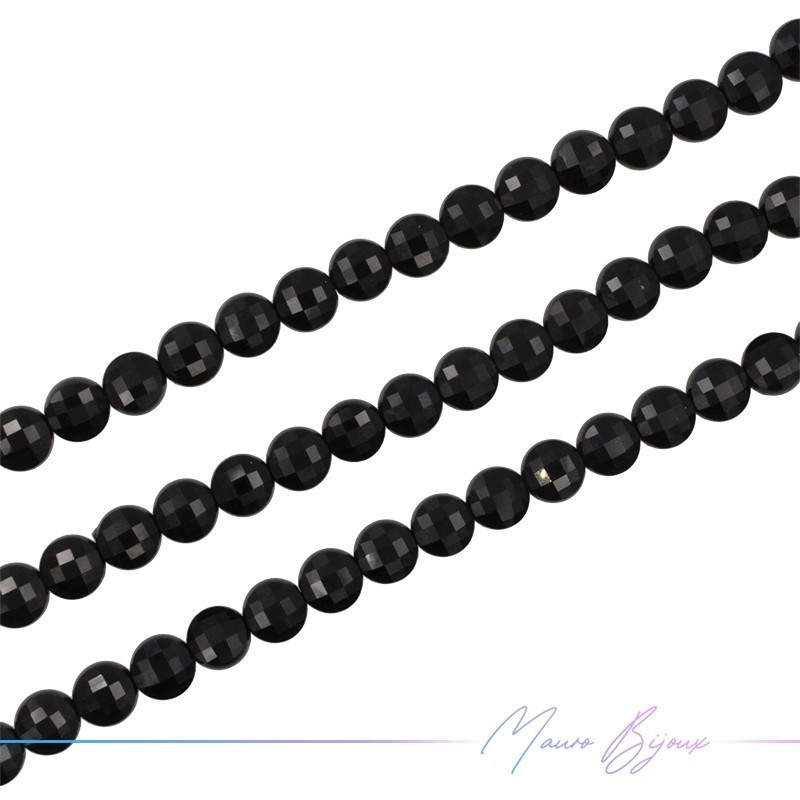 Black Onyx Round Flat Faceted 6mm (Wire of 40 cm)