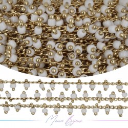 Brass Chain in Gold with White Miyuki Pearls