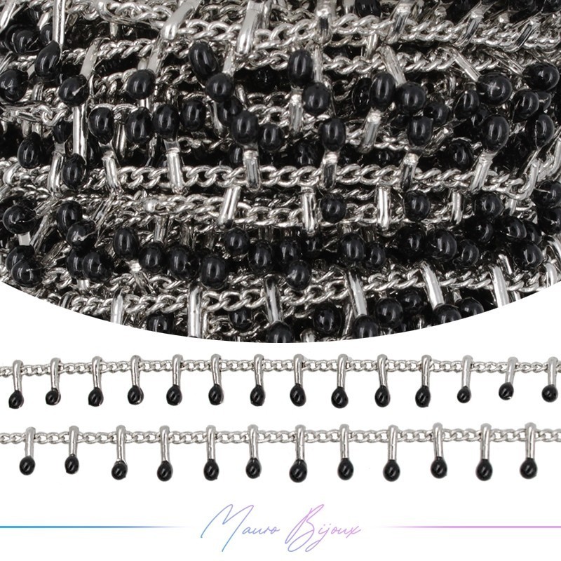 Catena in Acciaio Base Argento con Gocce Smaltati Nero
