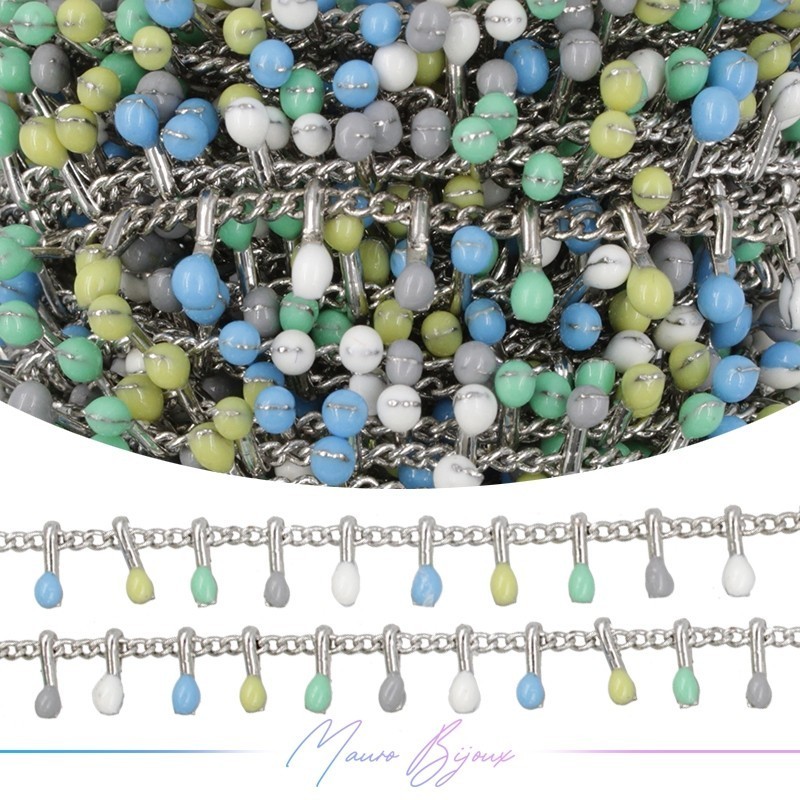 Catena in Acciaio Base Argento con Gocce Smaltati Multicolore 1