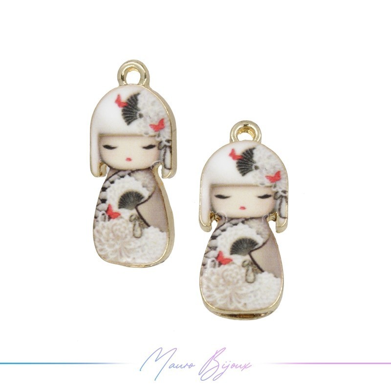 Japanese Doll Charms Enamelled Brass Pendant Beige9.5x22.4mm