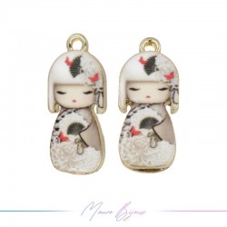 Japanese Doll Charms Enamelled Brass Pendant Beige9.5x22.4mm