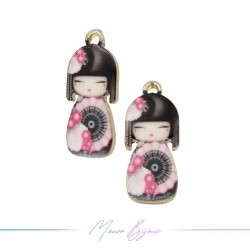 Japanese Doll Charms Enamelled Brass Pendant Blank Pink 9.5x22.4mm