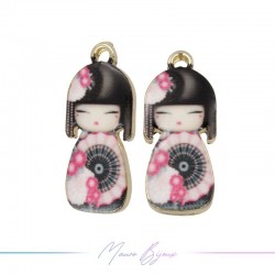 Japanese Doll Charms Enamelled Brass Pendant Blank Pink 9.5x22.4mm