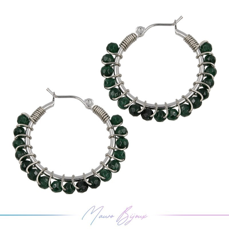 Circle Brass Silver Earrings with Agata Verde