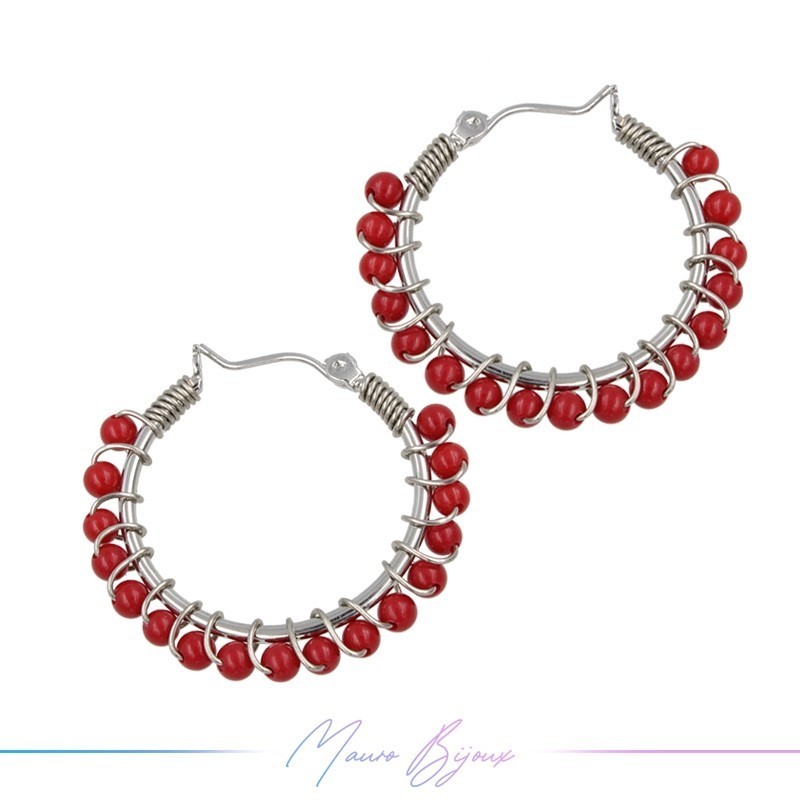 Circle Brass Silver Earrings with Pasta Corallo
