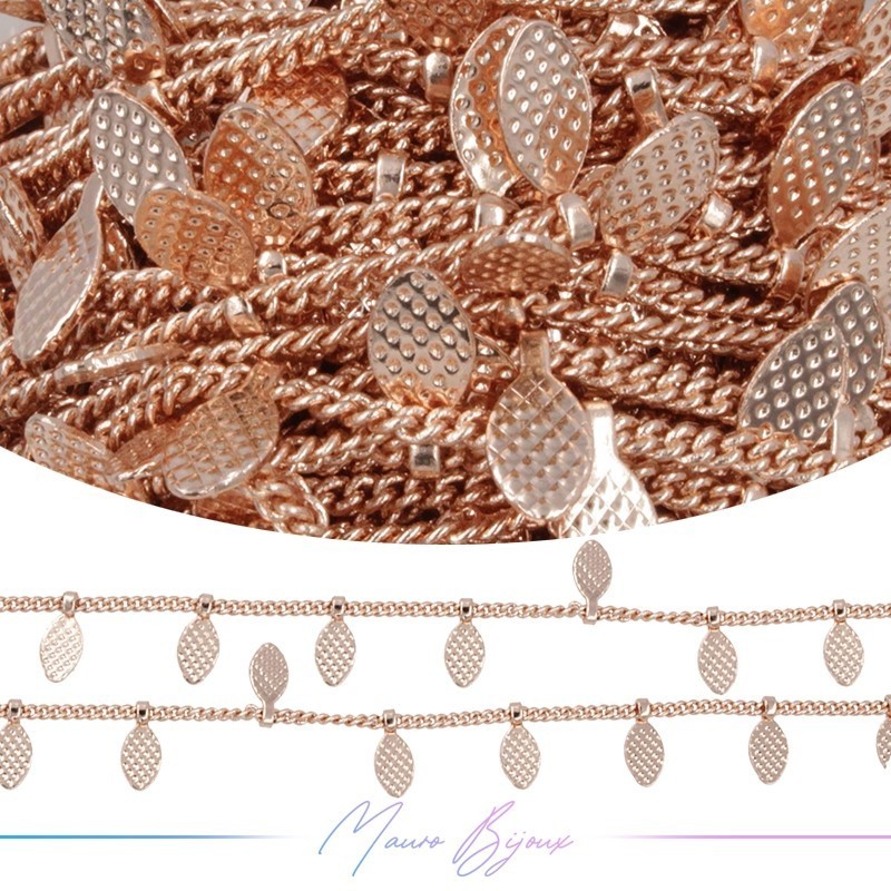 Catena in Acciaio Base Oro Rosa con Pendente Foglia