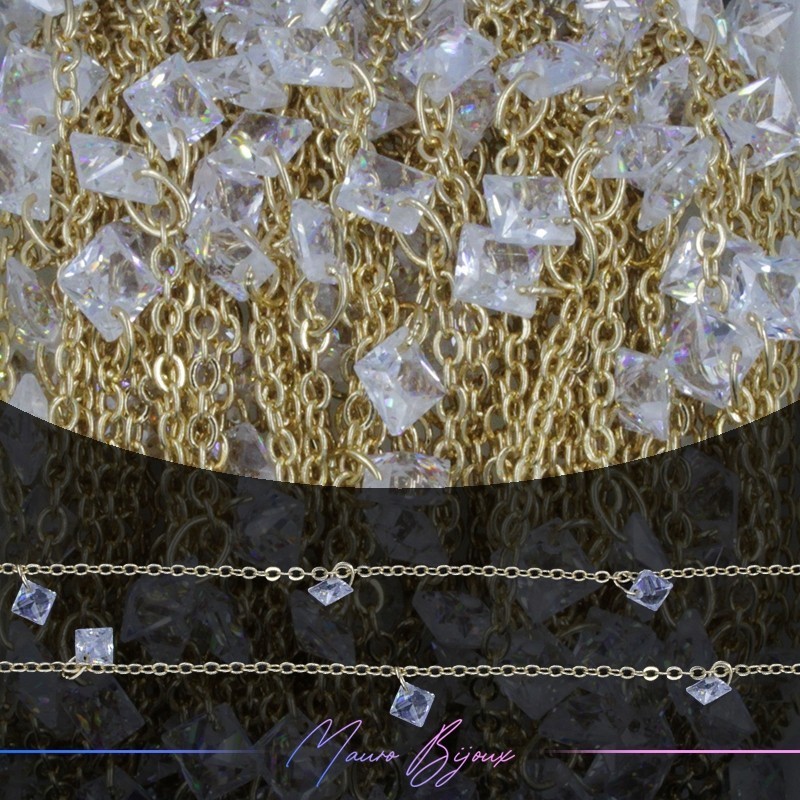 Catena in Acciaio Base Oro con Cristalli Rombo Pendenti