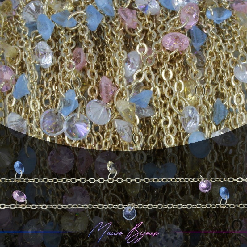 Catena in Acciaio Base Oro con Cristalli Multicolor Pendenti