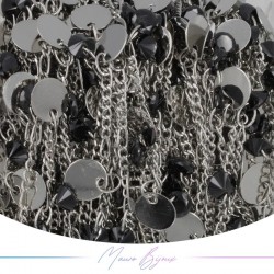 Inox Chain in Silver With Circle and Black Crystal Pendant