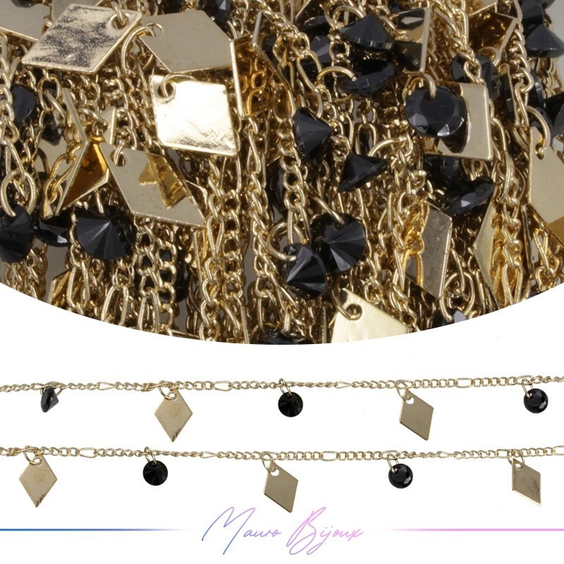 Inox Chain in Gold With Rhombus and Black Crystal Pendant Inox Chain in Gold With Rhombus and Black Crystal Pendant