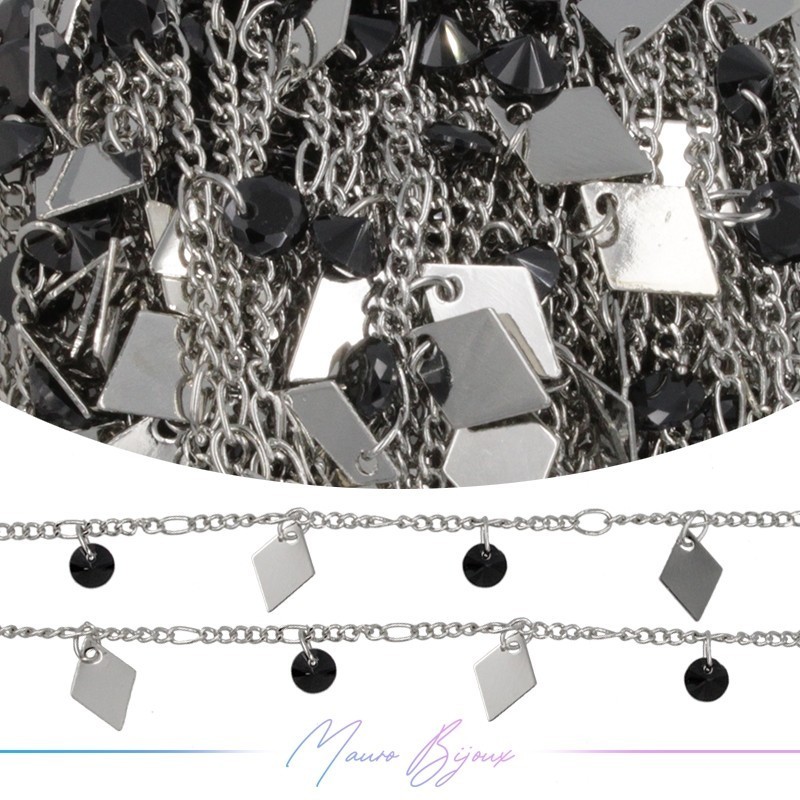 Catena in Acciaio Base Argento con Pendenti Rombo e CristallI Neri