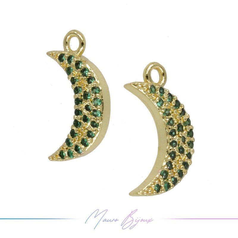 Charms Gold Moon in Brass with Green Rhinestones