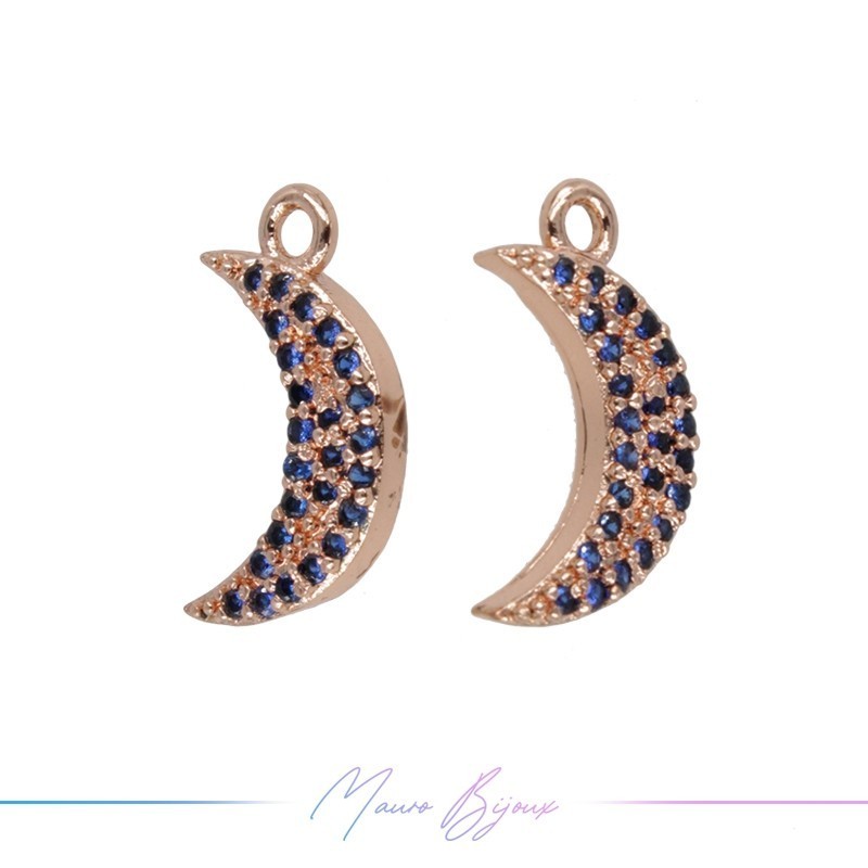 Ciondoli in Ottone Luna Oro Rosa con Strass Blu