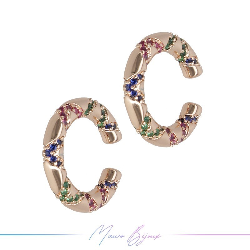 Ear Cuff in Ottone Base Oro Rosa con Strass multicolor