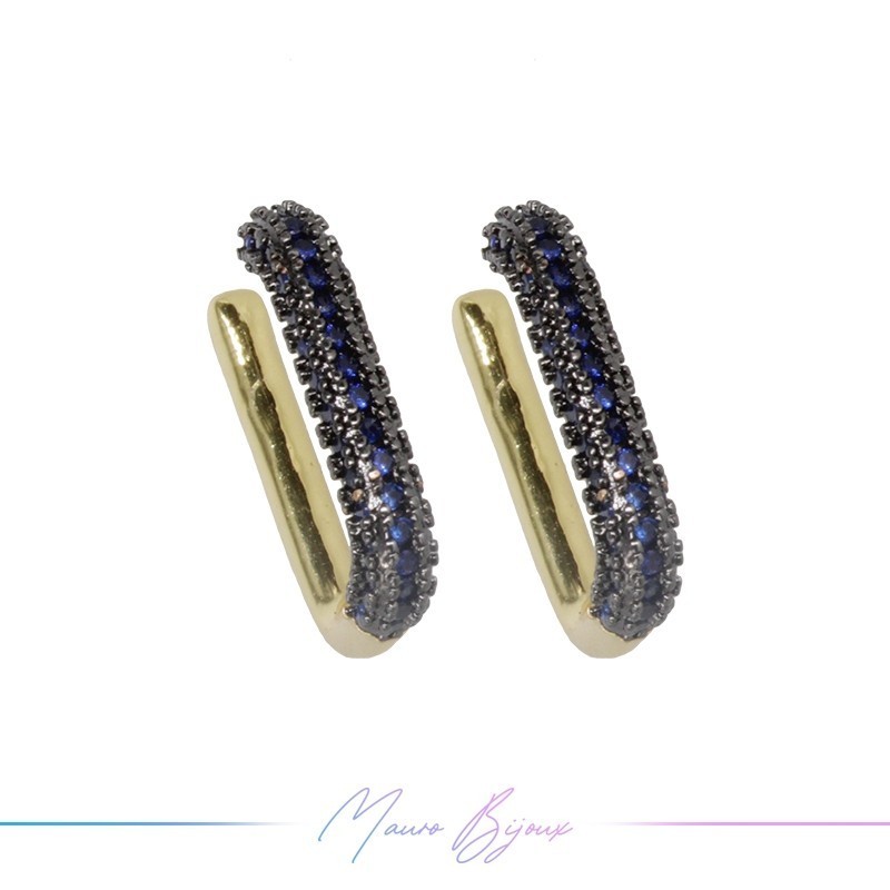 Ear Cuff in Brass in Gold Retangular with Strass Blue