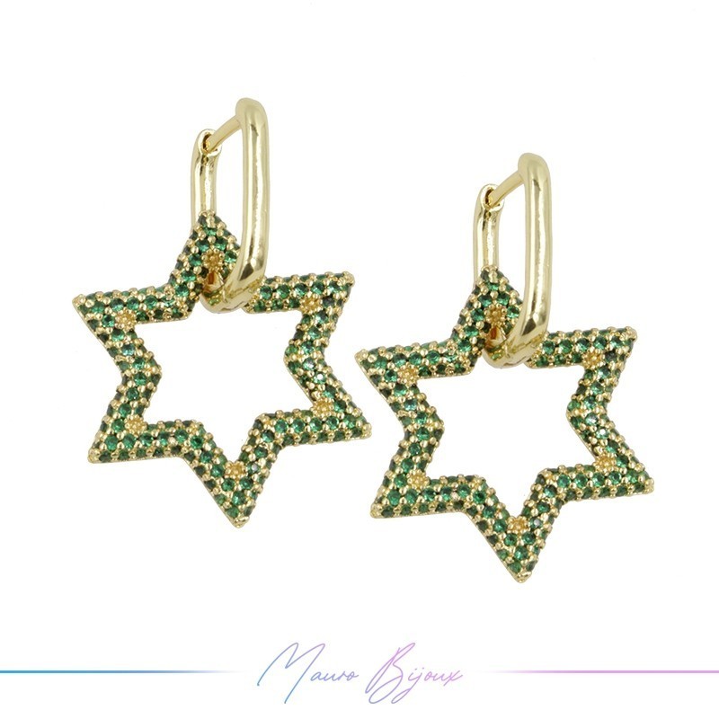 Earrings in Brass Gold Star with Green Strass