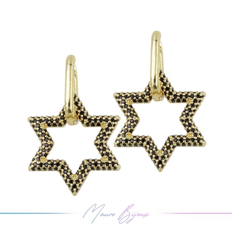 Earrings in Brass Gold Star with Black Strass