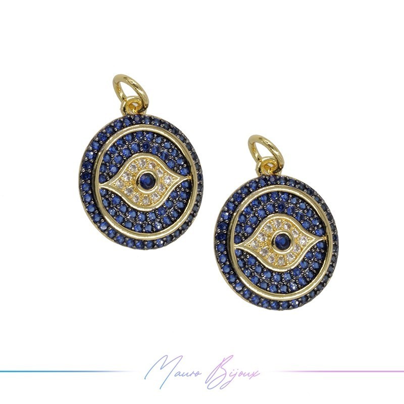 Ciondoli in Ottone Occhio Tondo Oro con Strass Blu