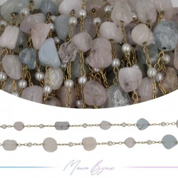 Inox Chain in Gold with Multicolour Quartz and Pearls