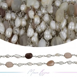 Catena in Ottone Base Argento con Perle di Fiume e Pietra del Sole irregolari
