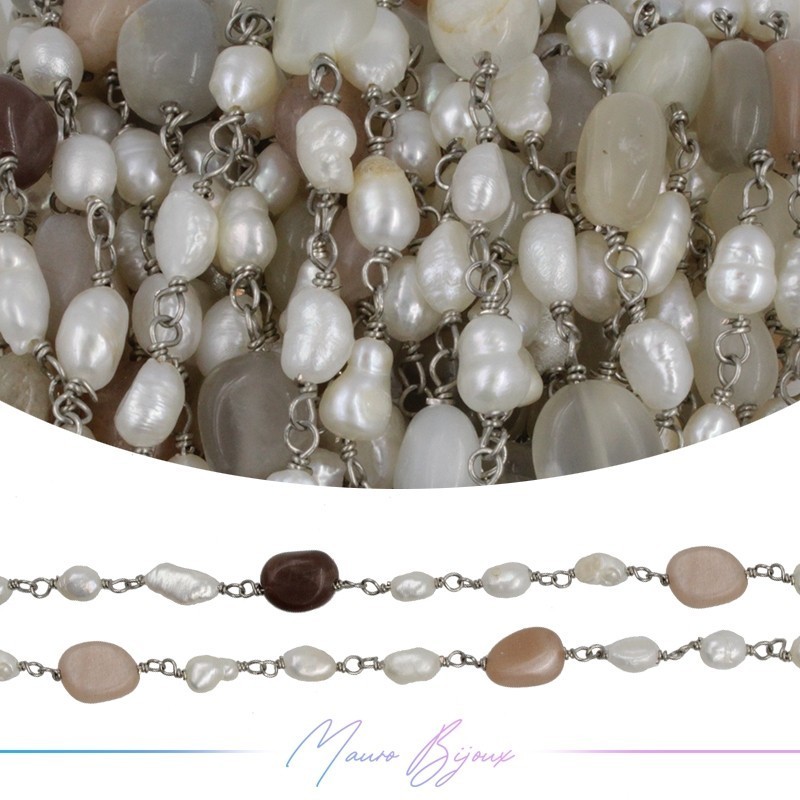 Brass Chain in Gold with Pearls and Irregular Moon Stone