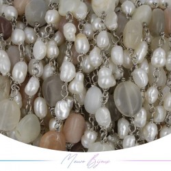 Brass Chain in Gold with Pearls and Irregular Moon Stone