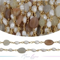 Brass Chain in Gold with Pearls and Irregular Moon Stone
