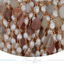 Brass Chain in Rose Gold with Pearls and Irregular Moon Stone