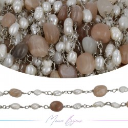 Brass Chain in Silver with Pearls and Irregular SunStone