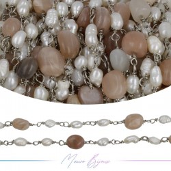 Catena in Ottone Base Argento con Perle di Fiume e Pietra dI Sole  irregolari