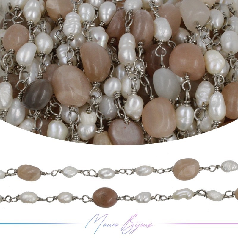 Catena in Ottone Base Argento con Perle di Fiume e Pietra dI Sole  irregolari