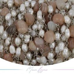 Brass Chain in Silver with Pearls and Irregular SunStone