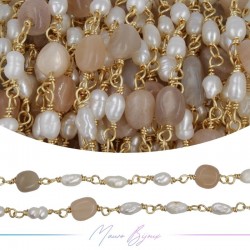 Brass Chain in Gold with Pearls and Irregular SunStone