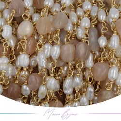 Catena in Ottone Base Oro con Perle di Fiume e Pietra dI Sole  irregolari