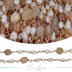 Brass Chain in Rose Gold with Pearls and Irregular SunStone