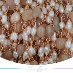 Brass Chain in Rose Gold with Pearls and Irregular SunStone