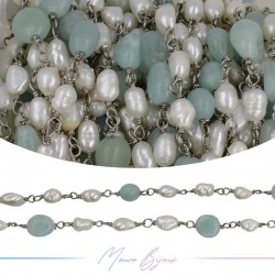 Brass Chain in Silver with Pearls and Irregular Amazonite