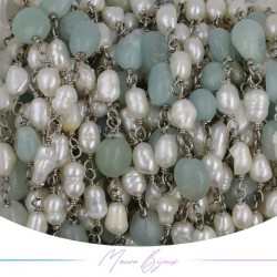 Catena in Ottone Base Argento con Perle di Fiume e Amazonite  irregolari