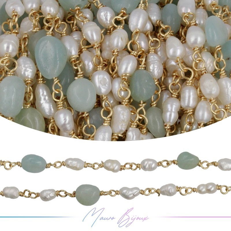 Brass Chain in Gold with Pearls and Irregular Amazonite