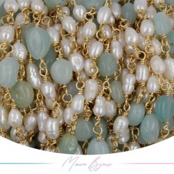 Brass Chain in Gold with Pearls and Irregular Amazonite
