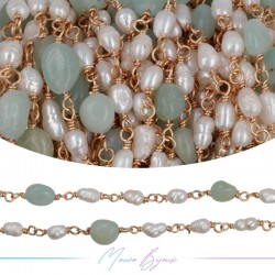 Catena in Ottone Base Oro Rosa con Perle di Fiume e Amazonite  irregolari