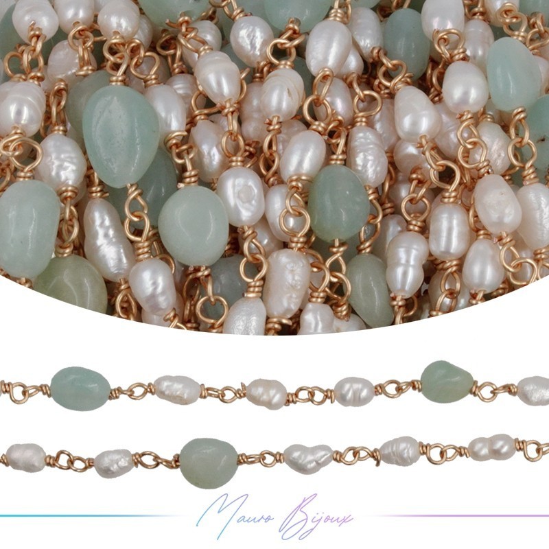Catena in Ottone Base Oro Rosa con Perle di Fiume e Amazonite  irregolari