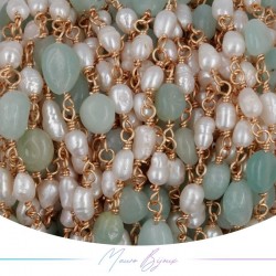 Catena in Ottone Base Oro Rosa con Perle di Fiume e Amazonite  irregolari
