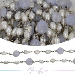 Brass Chain in Silver with Pearls and Irregular Chalcedony
