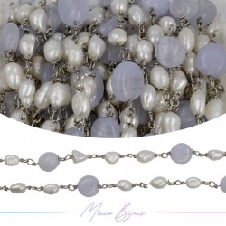 Catena in Ottone Base Argento con Perle di Fiume e Calcedonio irregolari