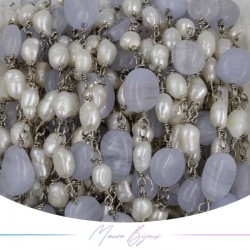 Brass Chain in Silver with Pearls and Irregular Chalcedony