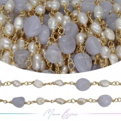 Brass Chain in Gold with Pearls and Irregular Chalcedony
